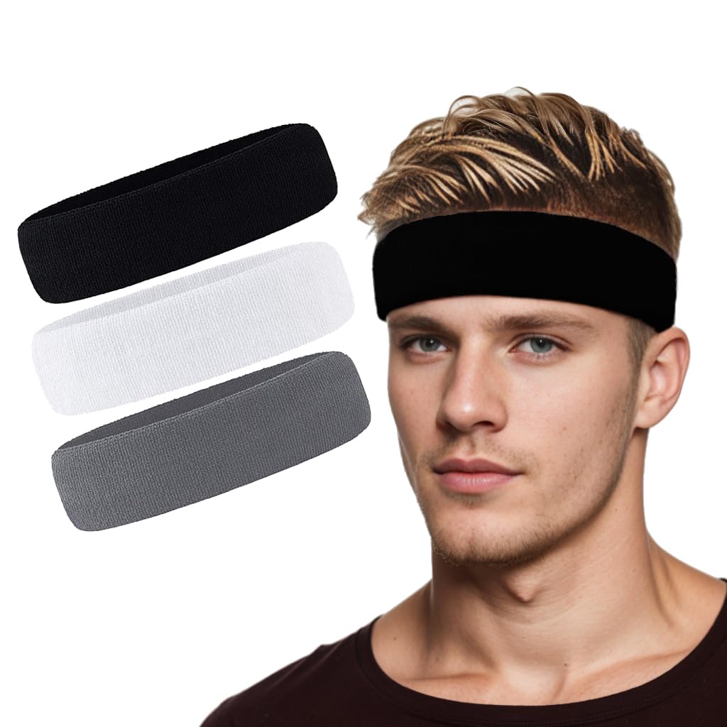 3 Pack Men & Women Sweatband Headband Terry Cloth Moisture Wicking for Sports Tennis Gym Work Out (White,Black,Gray)