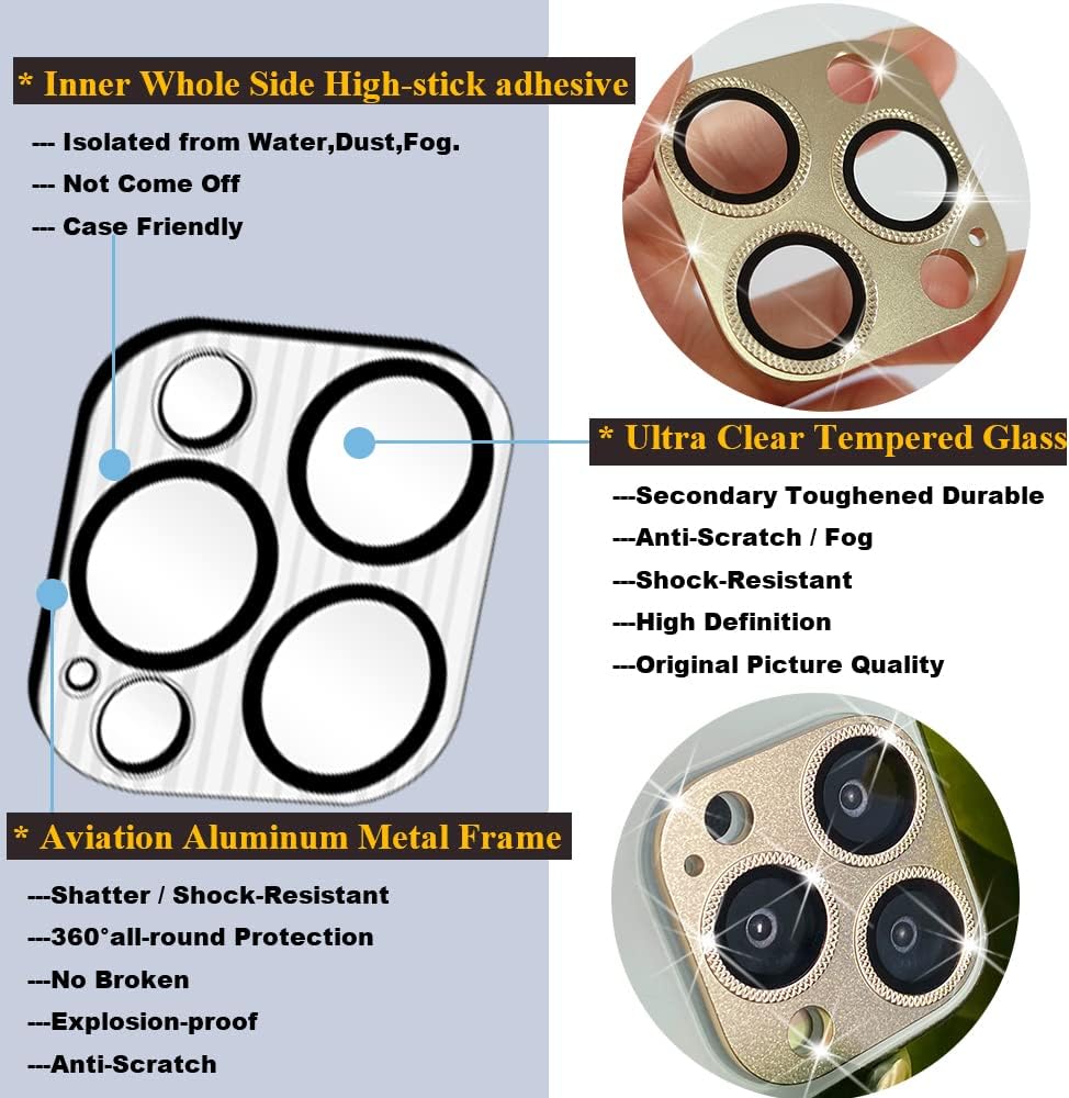 2 Pack 13 9H Camera Lens Protector Compatible for iPhone Pro/Max,Aluminum Alloy Metal & Tempered Glass Camera Cover
