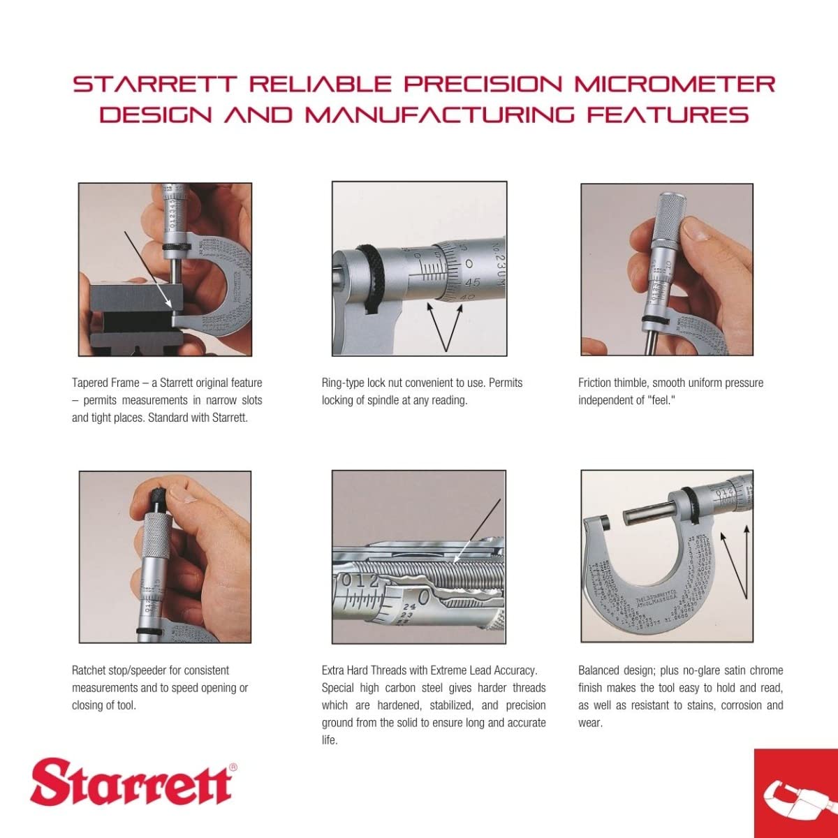 Starrett Outside Micrometer Set with Smooth Friction Thimble, Combination Ratchet and Speeder - American Pride Theme, 0-4" Set Range, .0001" Graduation - SAPT436.1XRLZ