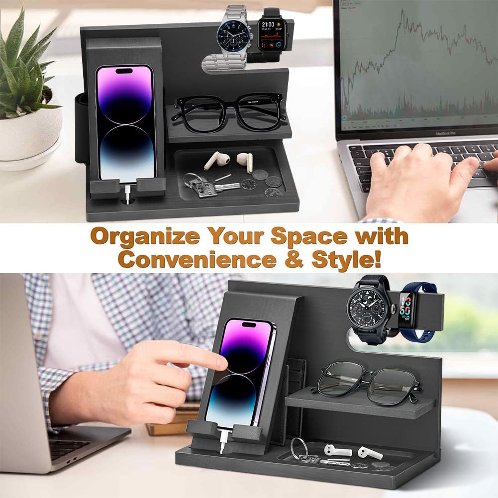 AliveByte Wood Phone Docking Station - Gifts for Men Desk or Nightstand Organizer - Birthday Gifts for Husband, Fathers