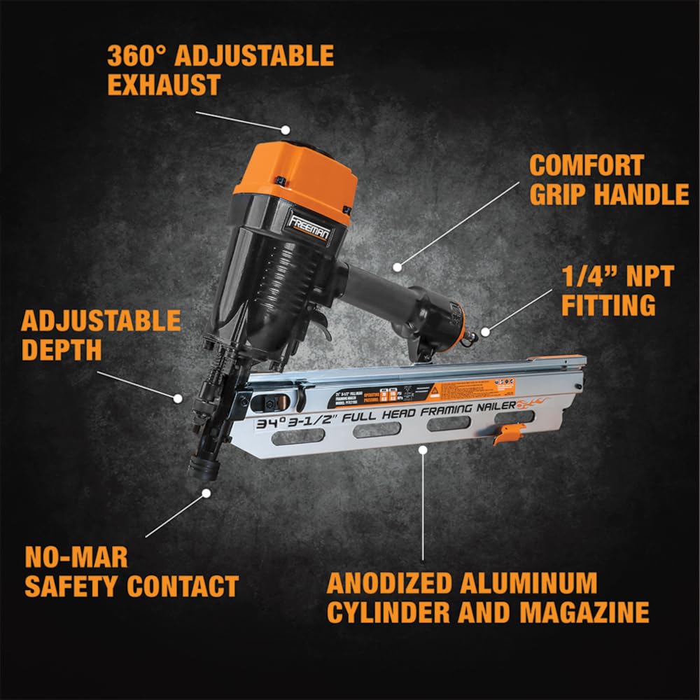 Freeman PFR3490 Pneumatic 34 Degree 3-1/2" Framing Nailer with Belt Hook