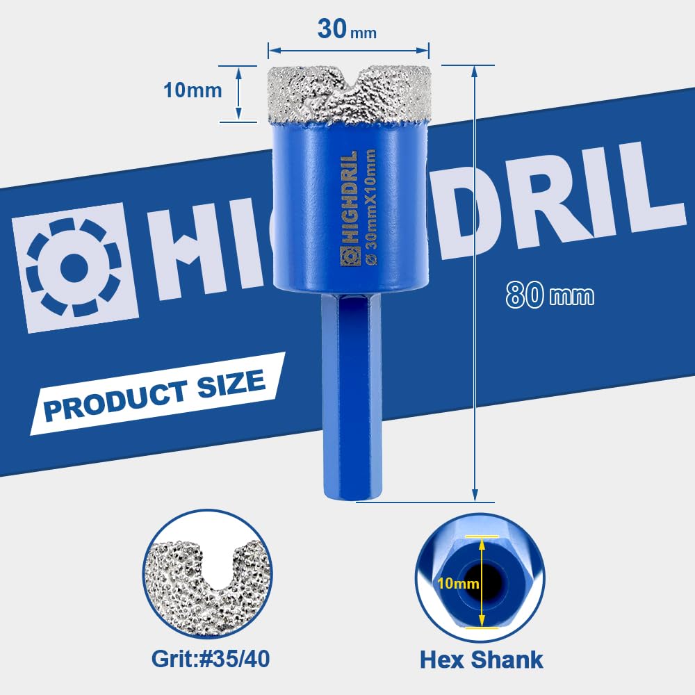 HIGHDRIL Diamond Drill Bits Kit with 5/8-11 for Porcelain Tile Ceramic Marble Brick Concrete Vacuum Brazed Hole Saw(6/8/10/20/35/50/65/100mm+50mm Chamfer Bit+20mm Finger Bit+Adapter)