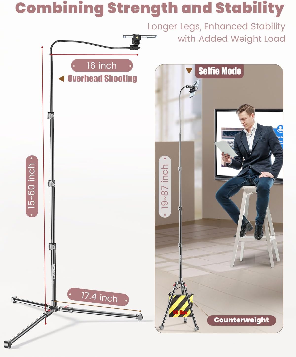 CAMBOFOTO 87" 15.7" 360 Phone Tripod, Overhead Flexible Tall Tripod Stand with Remote, Selfie Stick, Compatible