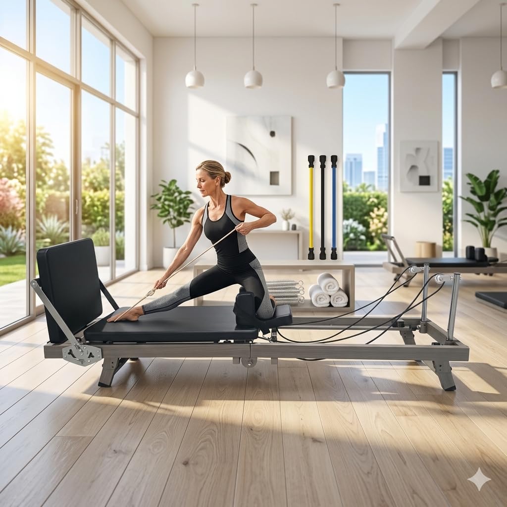 75" Foldable Pilates Reformer for Home – Professional Wood-Grain Pilates Bed with Resistance Springs & Latex Tubes, Compact Fitness Gift for Petite Women up to 5'9", Easy Assembly Workout Machine