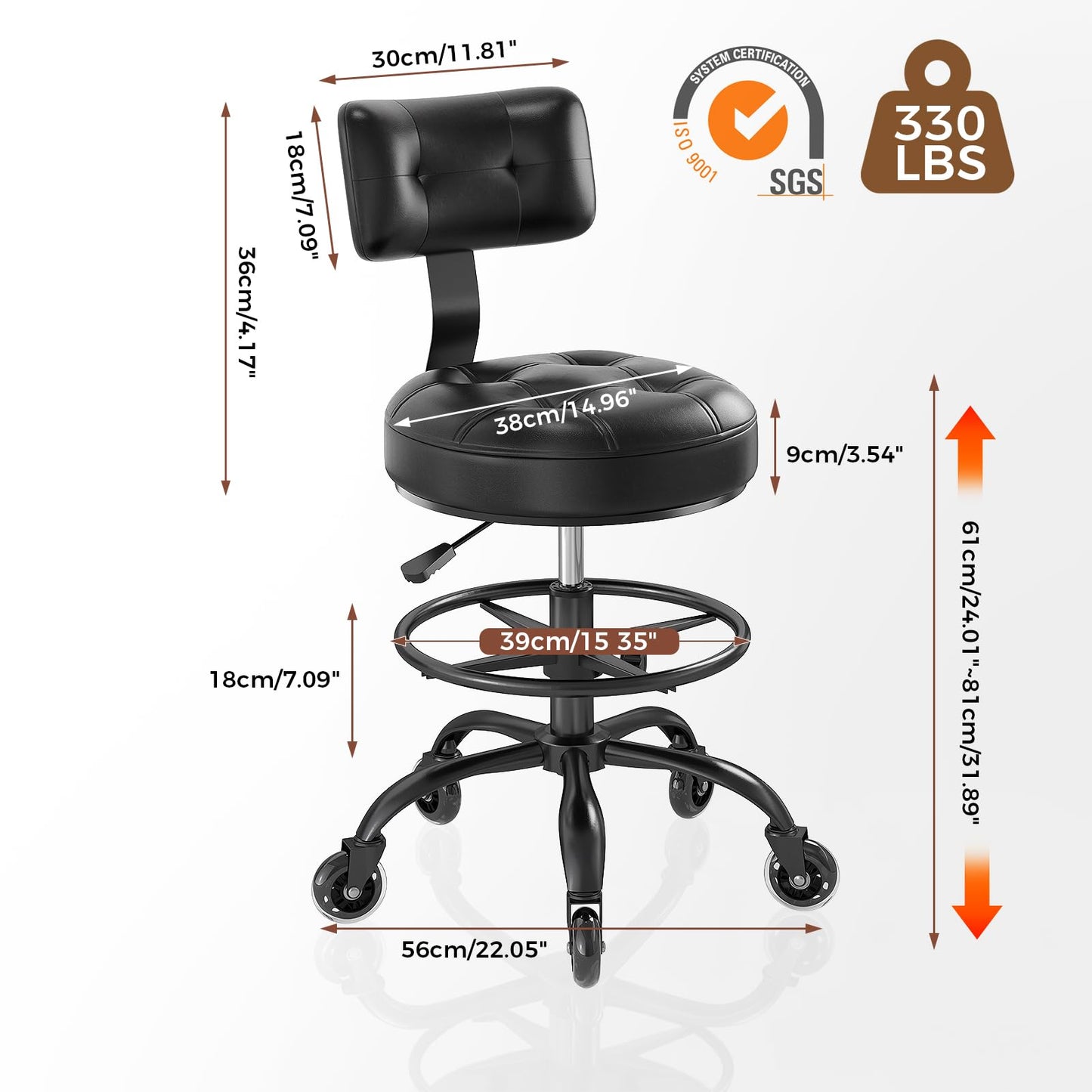 FREEKYROCK Office Drafting Chair with Footrest, Tall Height Adjustable Stool with Back Support, Heavy Duty Rolling Stool Chair with Wheels for Office Home Kitchen Bar Shop Guitar Studio Vanity, Black