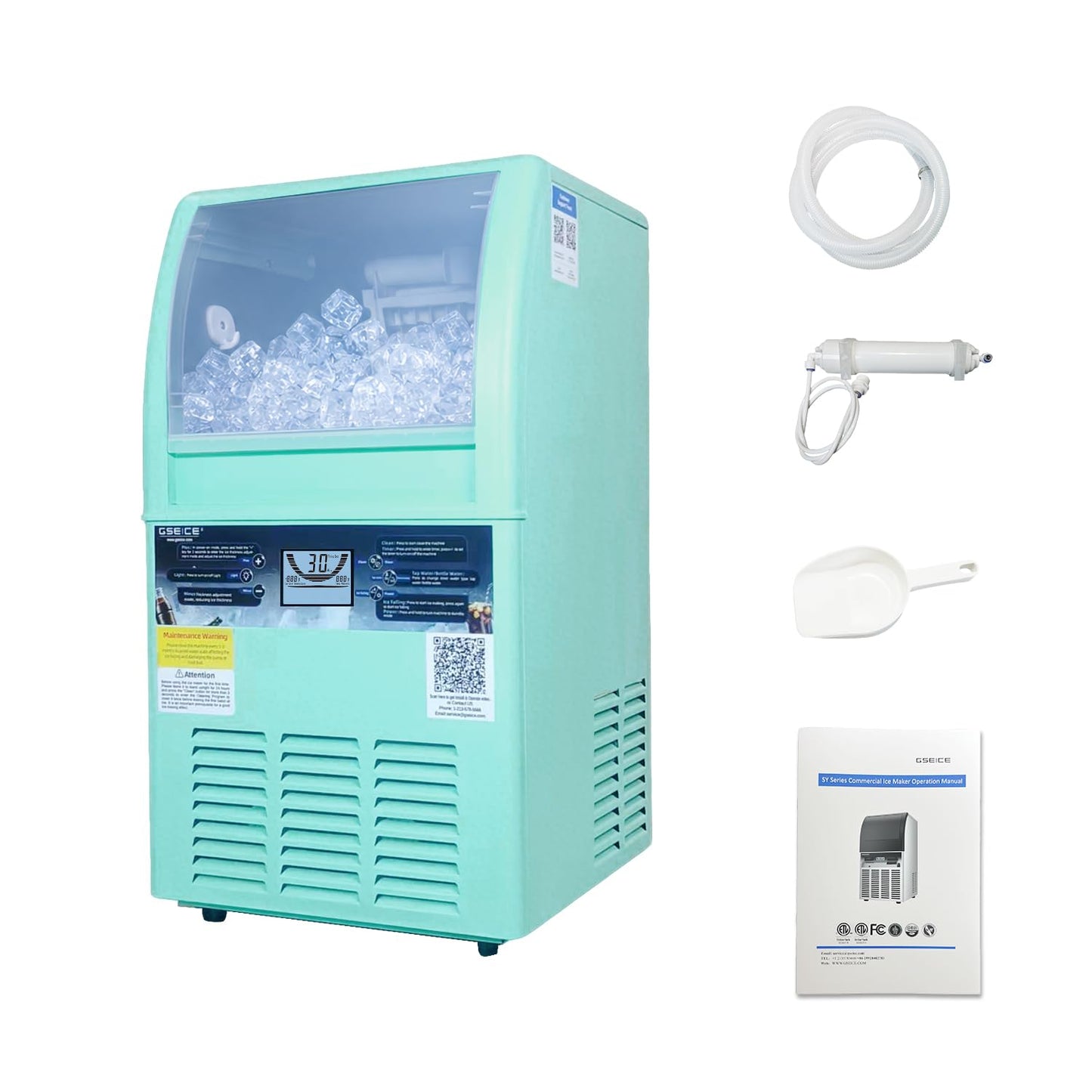 Commercial Ice Maker Machine, 100lbs/24H Ice Machine with 20lbs Storage Bin, 50 Cubes in 8-12 Mins, Small Size Freestanding/Under Counter Ice Maker, Support Gallon Bottle Water, Timer, Self-Cleaning