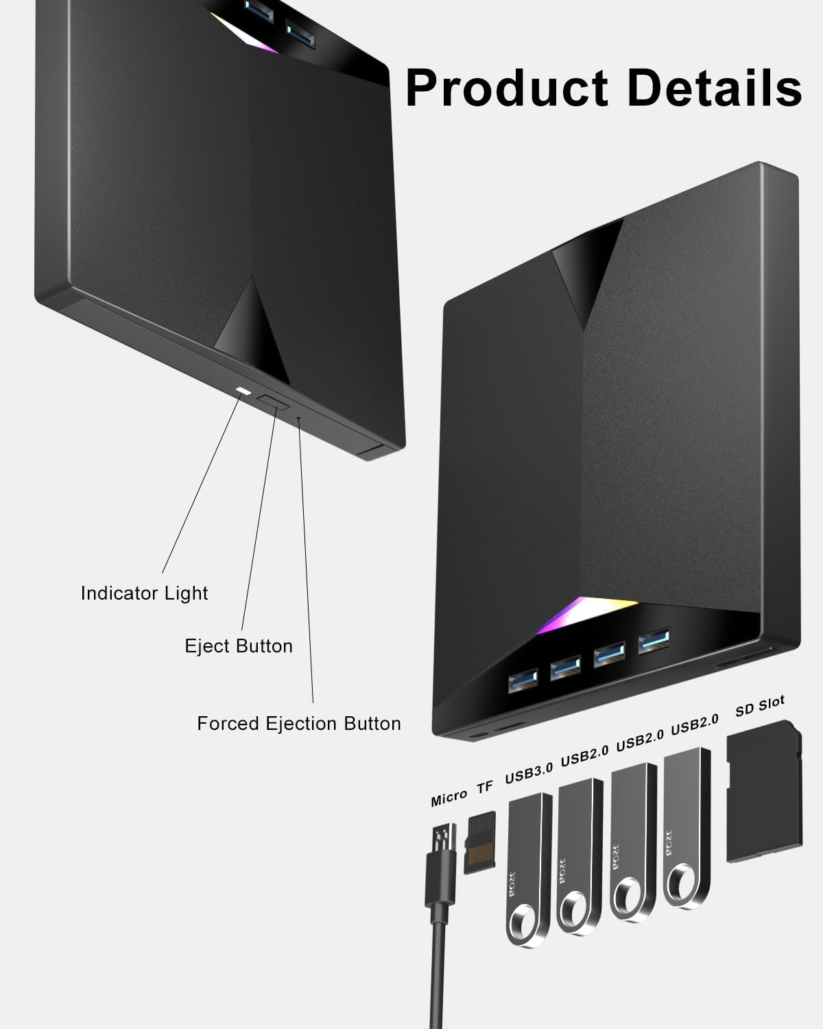Alphami 7-in-1 2 3.0 External CD/DVD Drive for Laptop, External DVD Drive with USB Ports, External DVD Burner