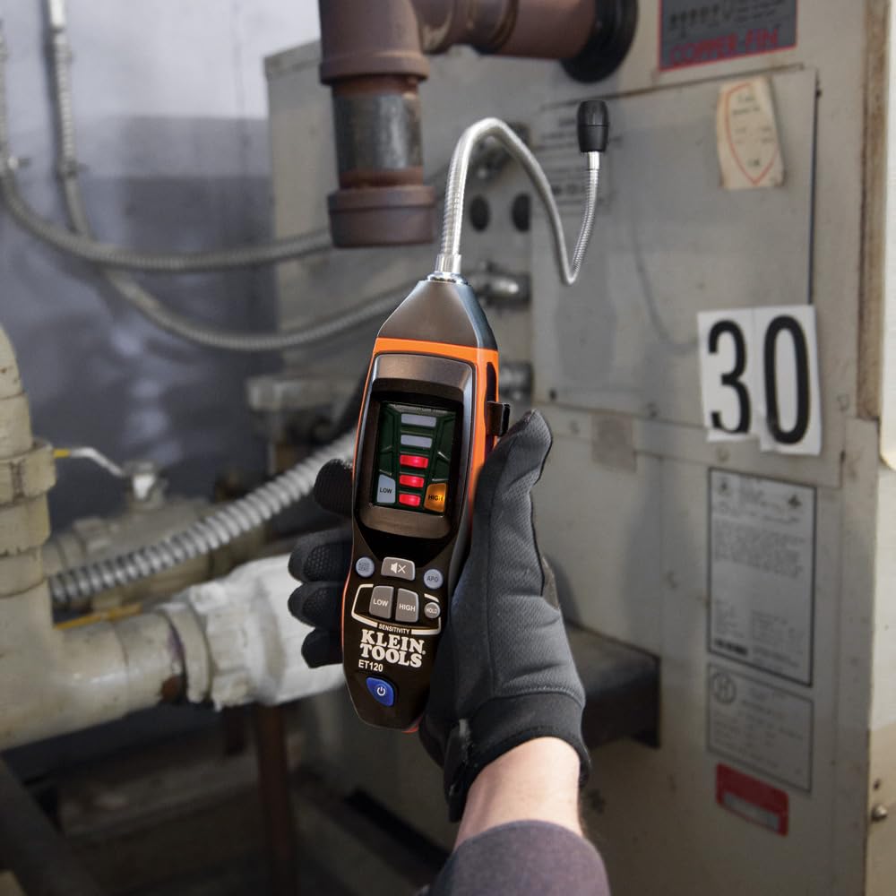 Klein Tools ET120 Gas Leak Detector, Combustible Gas Leak Tester with 18-Inch Gooseneck Has Range 50-10,000 ppm, Includes Pouch, Batteries