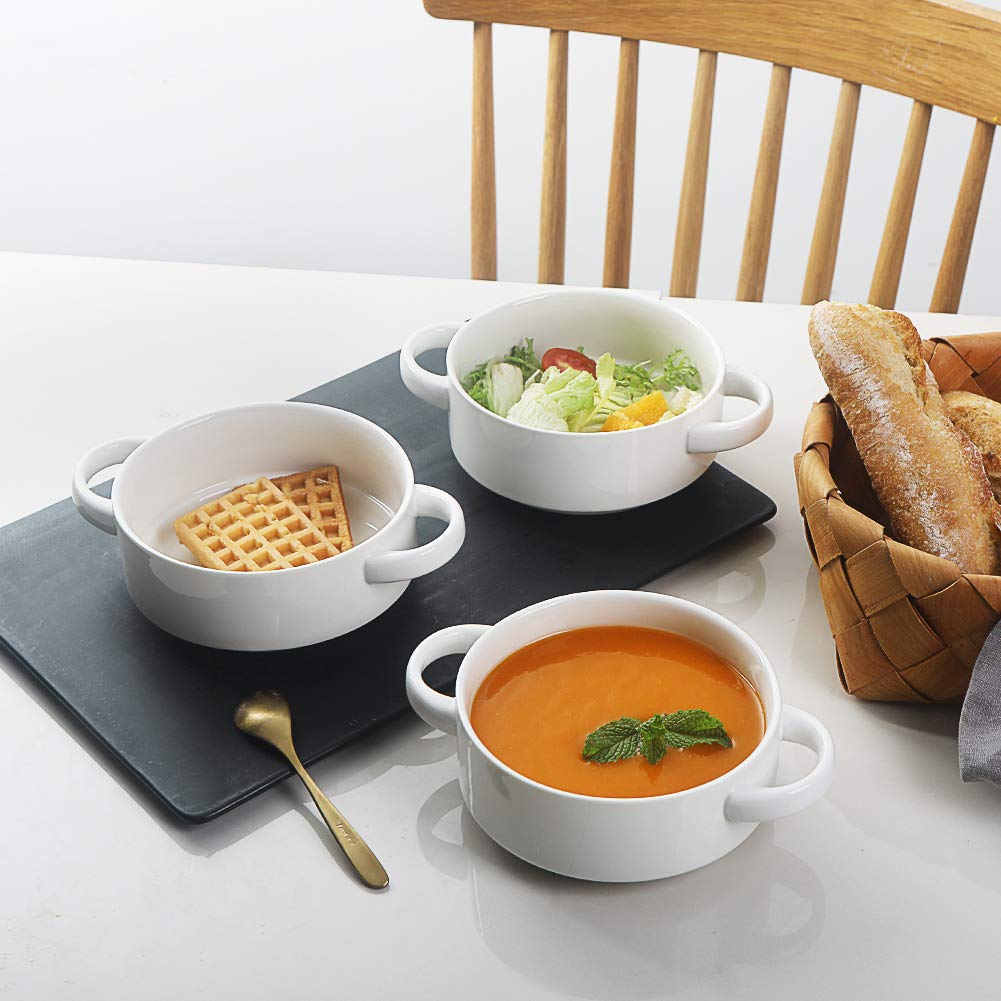 Sweejar Ceramic Soup Bowls with Double Handles, 20 Oz Stacked Bowls for French Onion Soup, Cereal, Pot Pies, Stew, Chill, Pasta, Set of 4 (White)