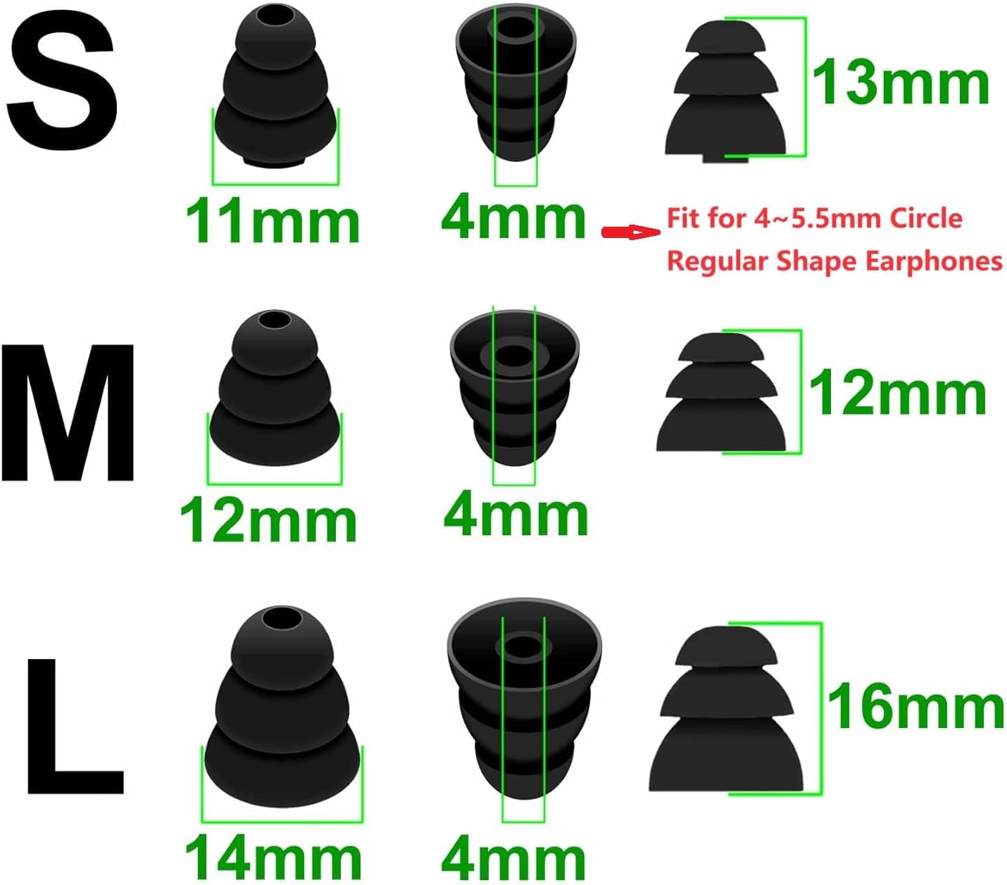 BLLQ 12 12 (431B) Earbuds Tips Pairs Replacement Triple Flange Conical EarTips Earbuds Eartips for Most in-Ear