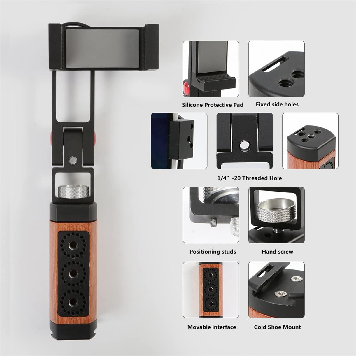 Amykite 1/4 Foldable Smartphone Grip Mount with Wrist Strap, Compatible with Standard Screw Selfie Stick for Tripod