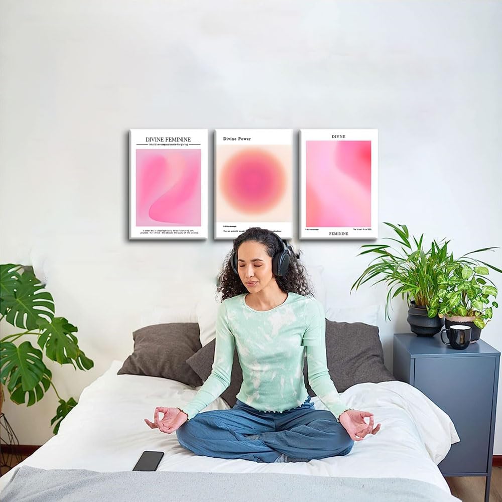 Skiennix Canvas Wall Art Set of 3 - Pink Gradient Aura Angel Posters | Framed 12x16 Inch Decor for Bedroom & Living Room