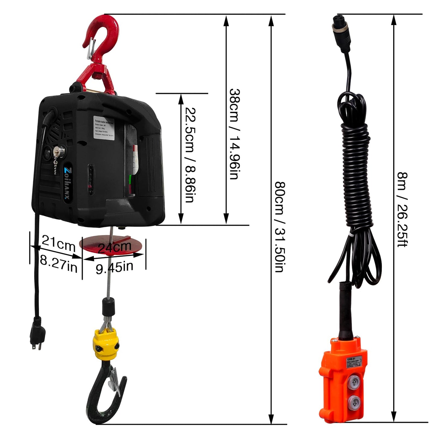 Zoihanx 3-in-1 Electric Portable Hoist Winch,1500W Portable Power Winch Crane with Wire and Wireless Remote Control, 328FT Wireless Remote Control Range,for Garage, Factory, Warehouse, Balcony