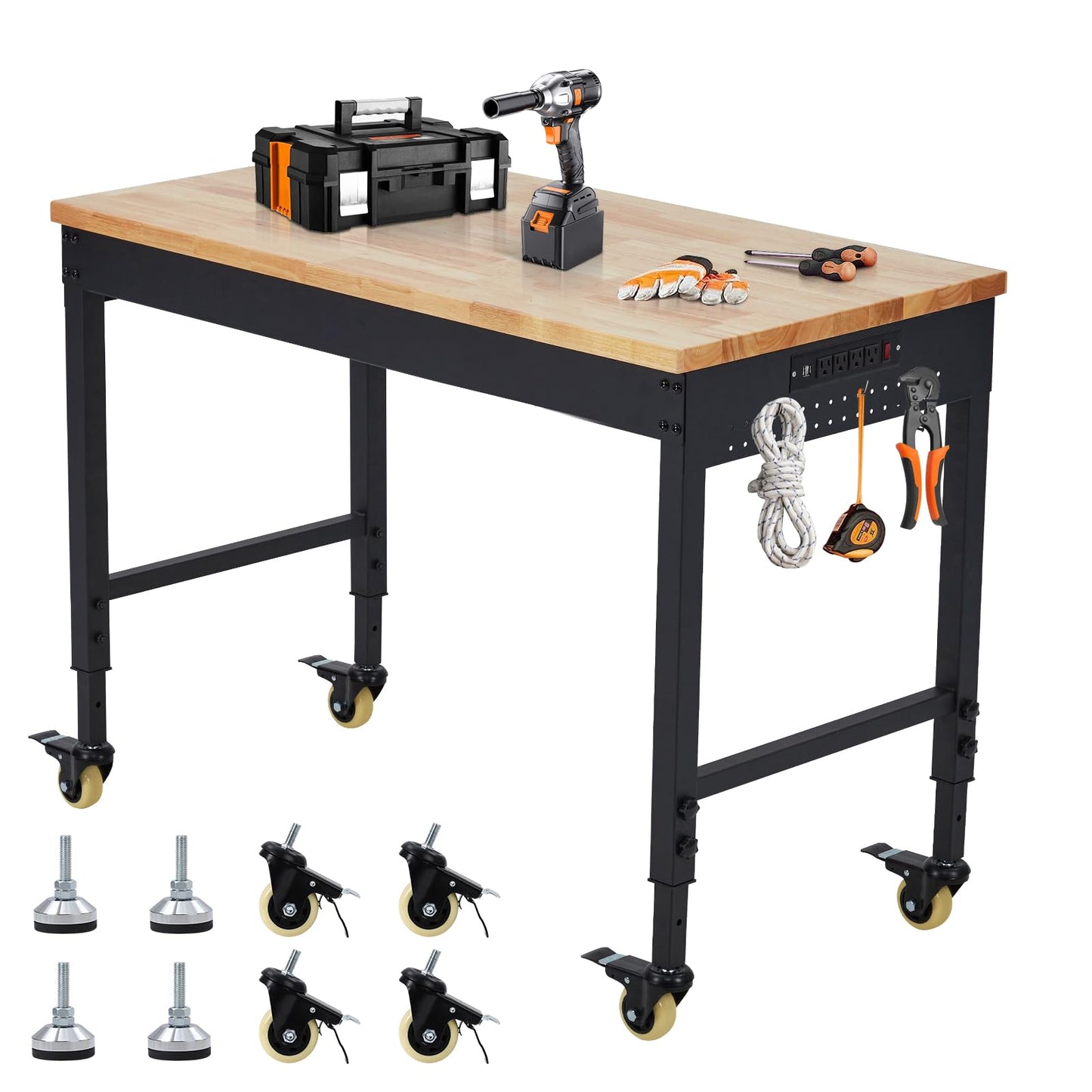 60''x22'' Heavy Duty Adjustable Workbench with Charging Station & Lockable Wheels, 2000 Lbs Capacity Rolling Workbench, Moblie Work Table for Garage Workshop DIY, Black