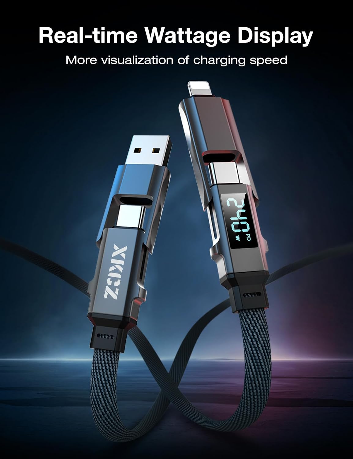 4 1 240W 3FT XKCZ in USB C Cable Lightning Cable with Wattage Display, Flat Nylon Braided Multi Charge Cable with Data