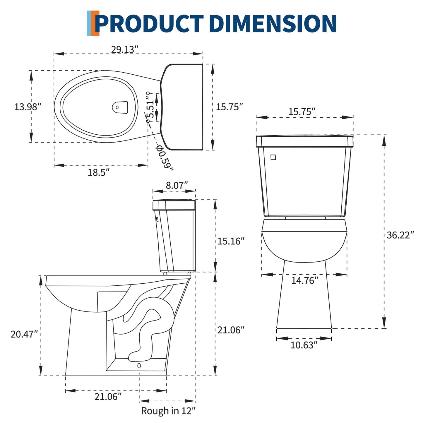 ADA Height 21" Elongated Toilet Bowl Only – Single Side Handle, Upgraded Power Flush, Includes Internal Tank Parts, No Seat Included