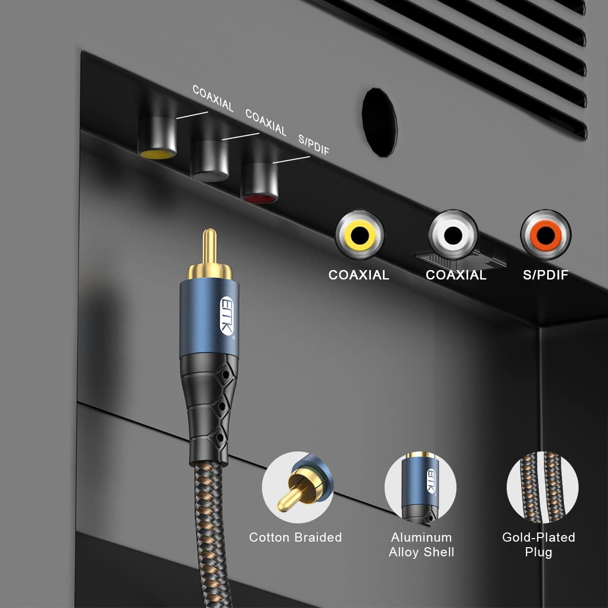 24K Systems,Subwoofer(25ft/8m) EMK Subwoofer Cable RCA to RCA Audio Cable Gold-Plated Nylon Braided Double Shielded
