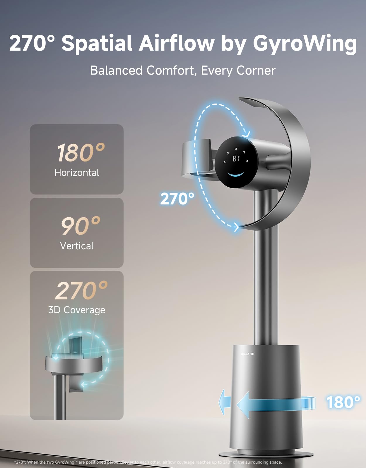 DREAME Bladeless Tower Fan for Bedroom, Smart Standing Fan with 270° Spatial Airflow for Whole-Room Circulation, 59ft/s High Velocity, 10 Speeds 3 Modes, Temperature-Adaptive Airflow, MF10-Silver