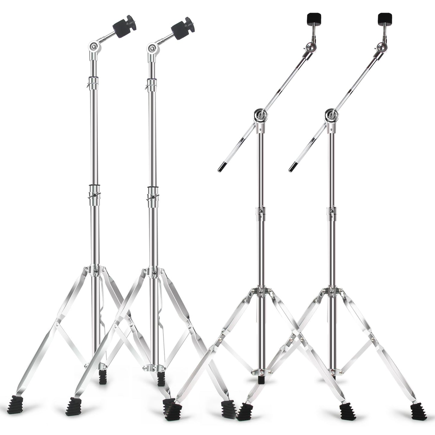 2 Pack Straight Cymbal Stand + 2 Pack Boom Cymbal Stand Combo Set, Adjustable Drum Hardware Percussion Mount Holder Gear Set for Mounting Crash, Ride, Splash Cymbal, Double Braced Legs (4 Pack)