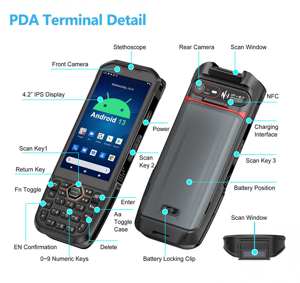 RUGLINE 2025 Android13 PDA, 6GB+64GB Barcode Scanner with Keypad, Equip with 1D 2D QR Code Scanner, Support hot-swappable, BT, WiFi, 4G LTE, NFC, 8-Core CPU Inventory Barcode Data Collector
