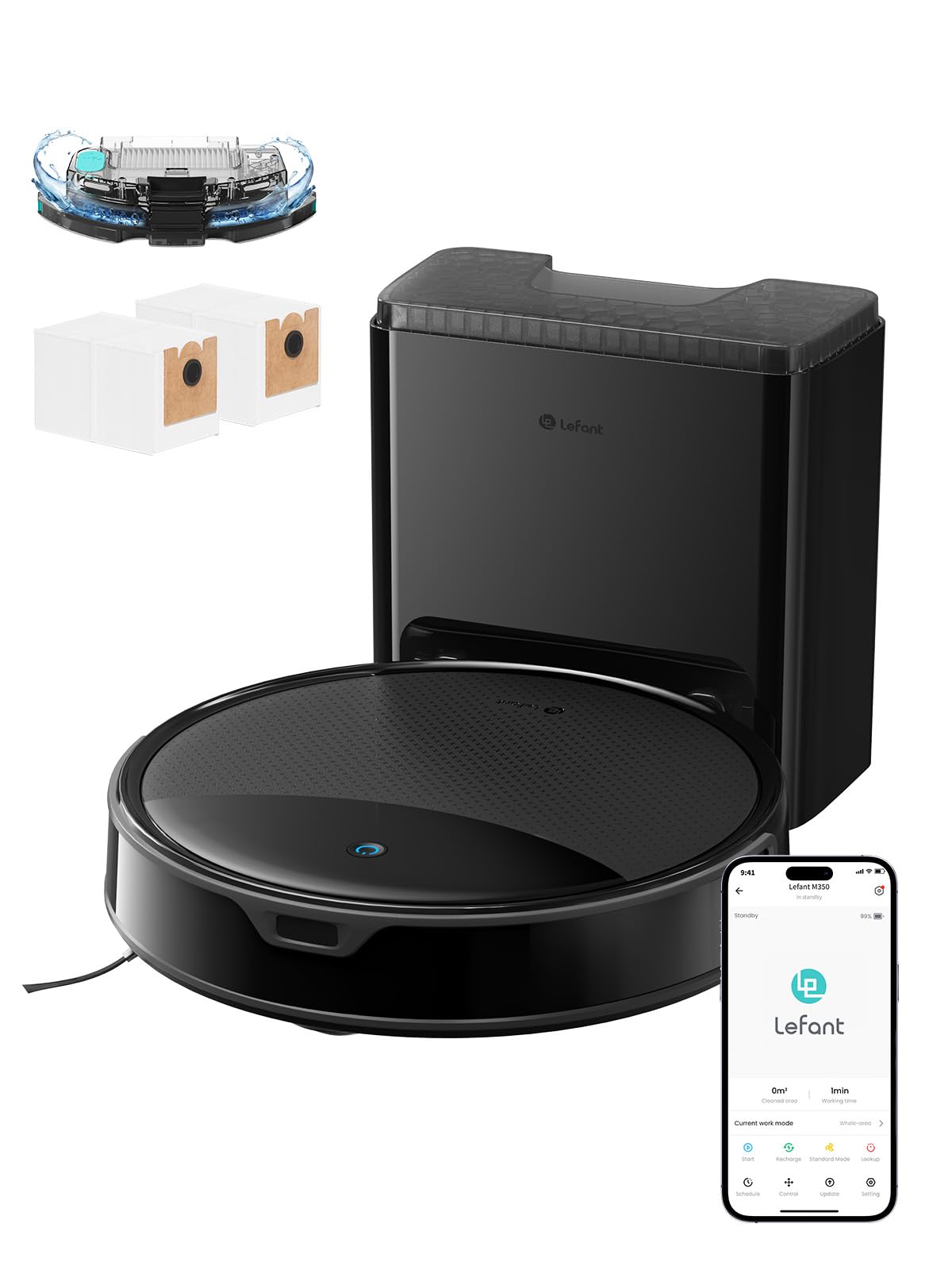 Lefant M350 Max Robot Vacuum and Mop,10000Pa Powerful Suction,75-Day Self-Emptying,240 Min Runtime,2.4G WiFi/Alexa/APP Control, Precision Mapping,Carpet & Hard Floors,Black