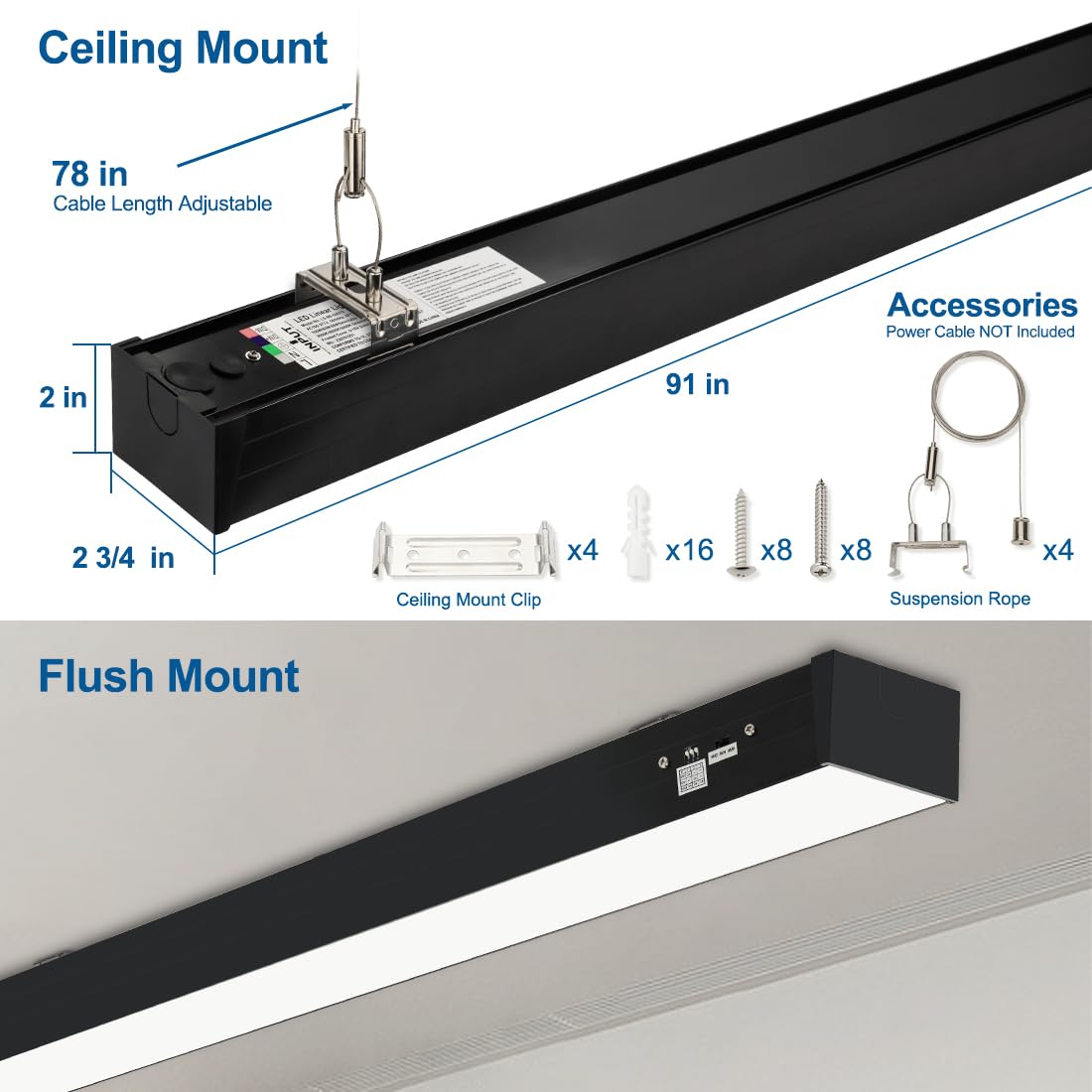 DAKASON 8FT LED Linear Light, 8Foot LED Shop Lights 100/80/60W 3/4/5000K CCT Selectable, 8Feet Commercial Bay Lighting Fixture for Office, Workshop, Gym, Market, Flush Mount Suspended ETL 4 Pack