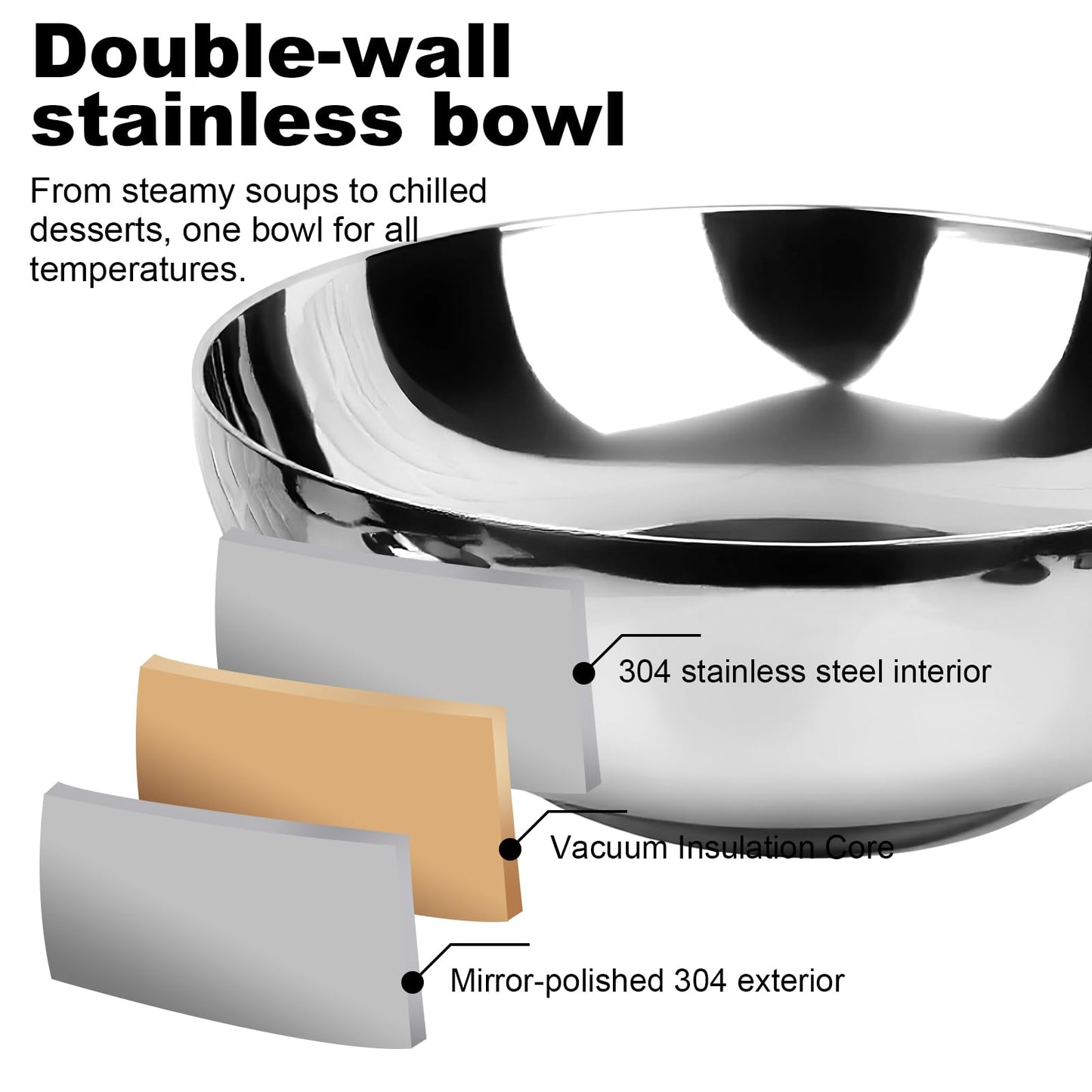LANGMINGDE 6-Piece 304 Stainless Steel Pasta Bowl Set, 47 Fl Oz (8.7 Inches), Double-Layer Insulated And Heat-Resistant, Salad Bowl, Chilled Bowl, Ice Cream Bowl, Party Sauce Seasoning, Dining Bowl.