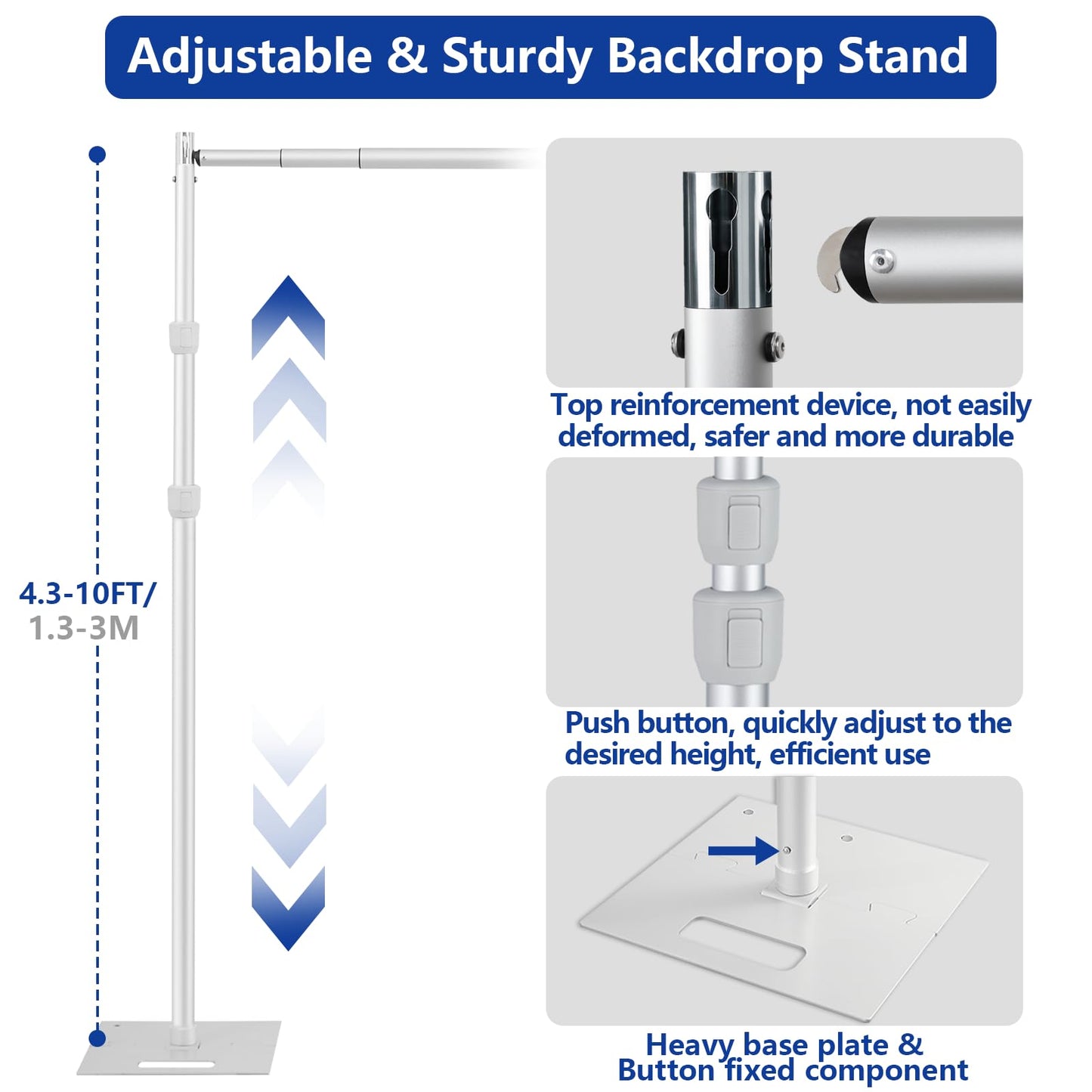 Hecis 10x10ft Heavy Duty Pipe and Drape Stand，Aluminum Backdrop Stand Kit with Adjustable Height，Portable Photography Studio Frame for Events, Wedding, Party Decorations