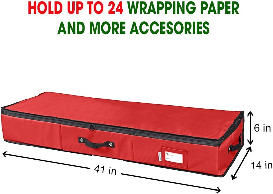 Primode Wrapping Paper Storage Container - Gift Wrap Organizer Under Bed | Fits 18-24 Rolls Up to 40” | 600D Oxford | Red with Pockets for Ribbons and Bows