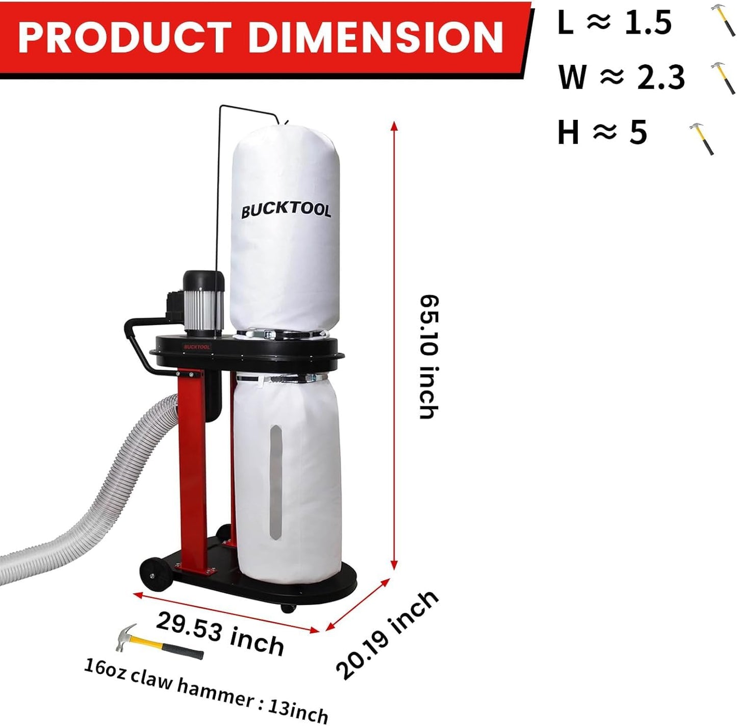 Bucktool 1.2HP Auto-Start Dust Collector, Woodworking Dust Extraction with 3 Bags, 5.4-Cubic-Foot Capacity, 5-Piece Reducer & 5ft Flexible Hose