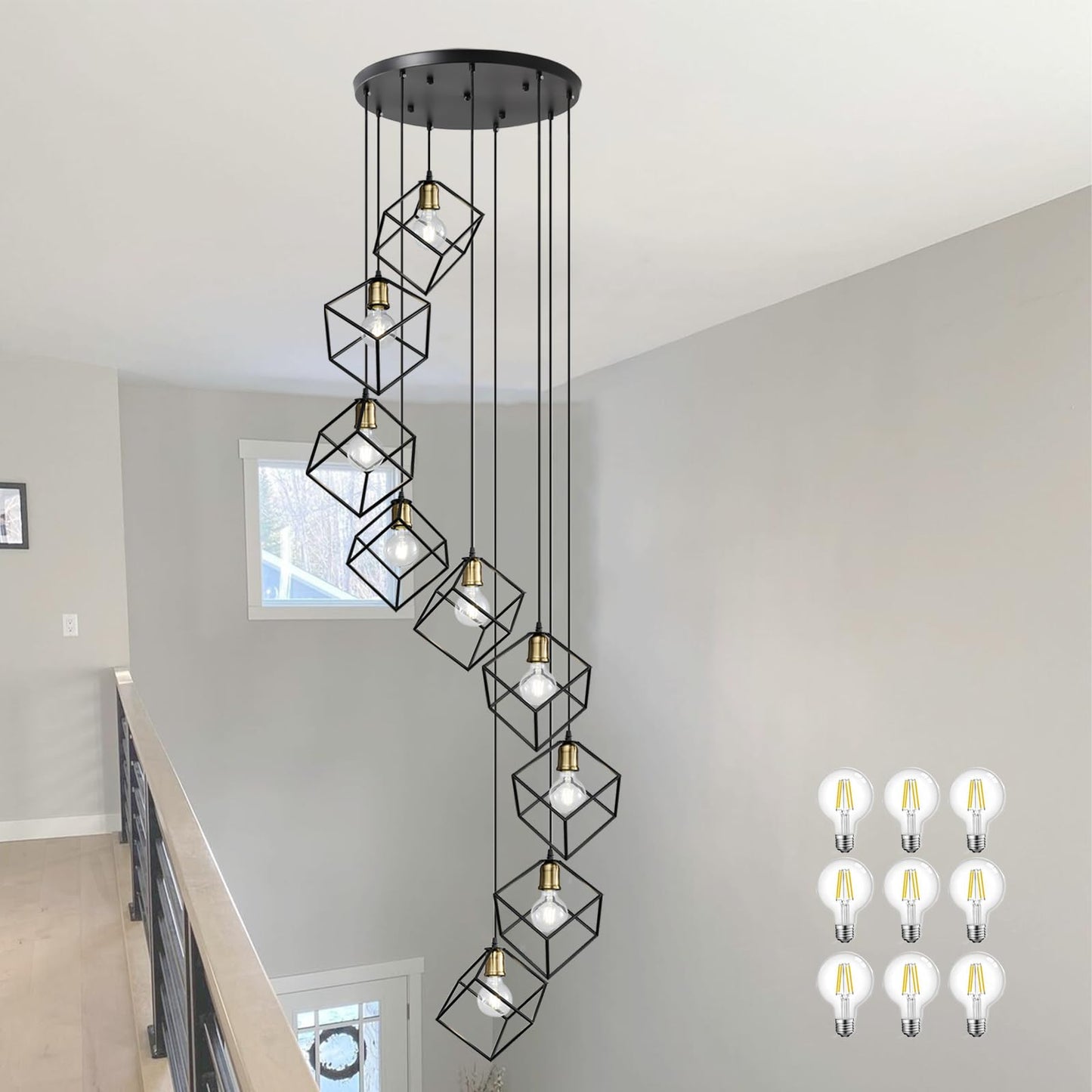 vivihobb 9 Light Large Modern Large Foyer Chandelier,Black Metal Cage,134" Long Light Fixture for High Ceilings Entryway Foyer Staircase,LED Bulbs Included