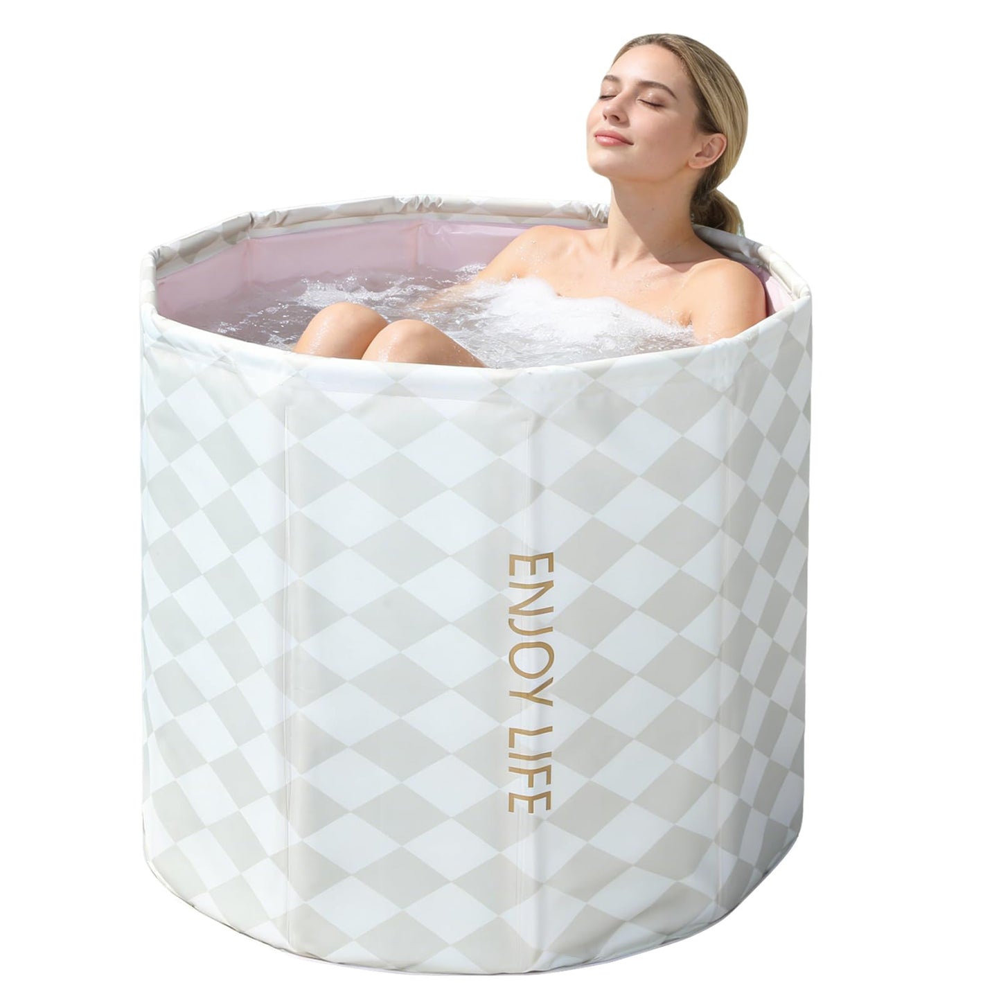 ALSKHEAS Portable Bathtub for Adults, Collapsible Freestanding Bathtub for Shower, Hot Ice Bath Tubs with Thickened Thermal Foam to Keep Temperature, PVC Outdoor Soaking Tub (Argyle)