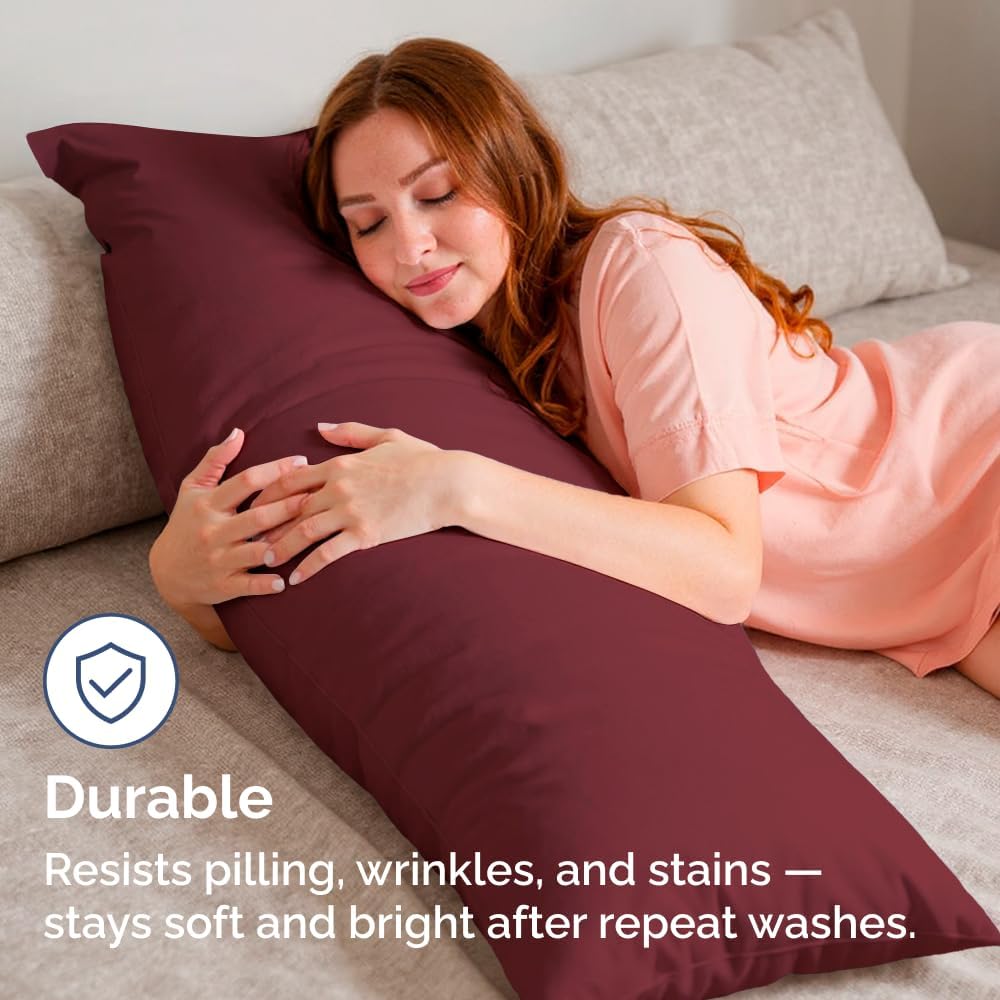 Skiennix Body Pillowcases Set of 2 | Soft 20x54 Long Pillow Covers for Side Sleepers - Burgundy, Wrinkle-Free & Machine Washable