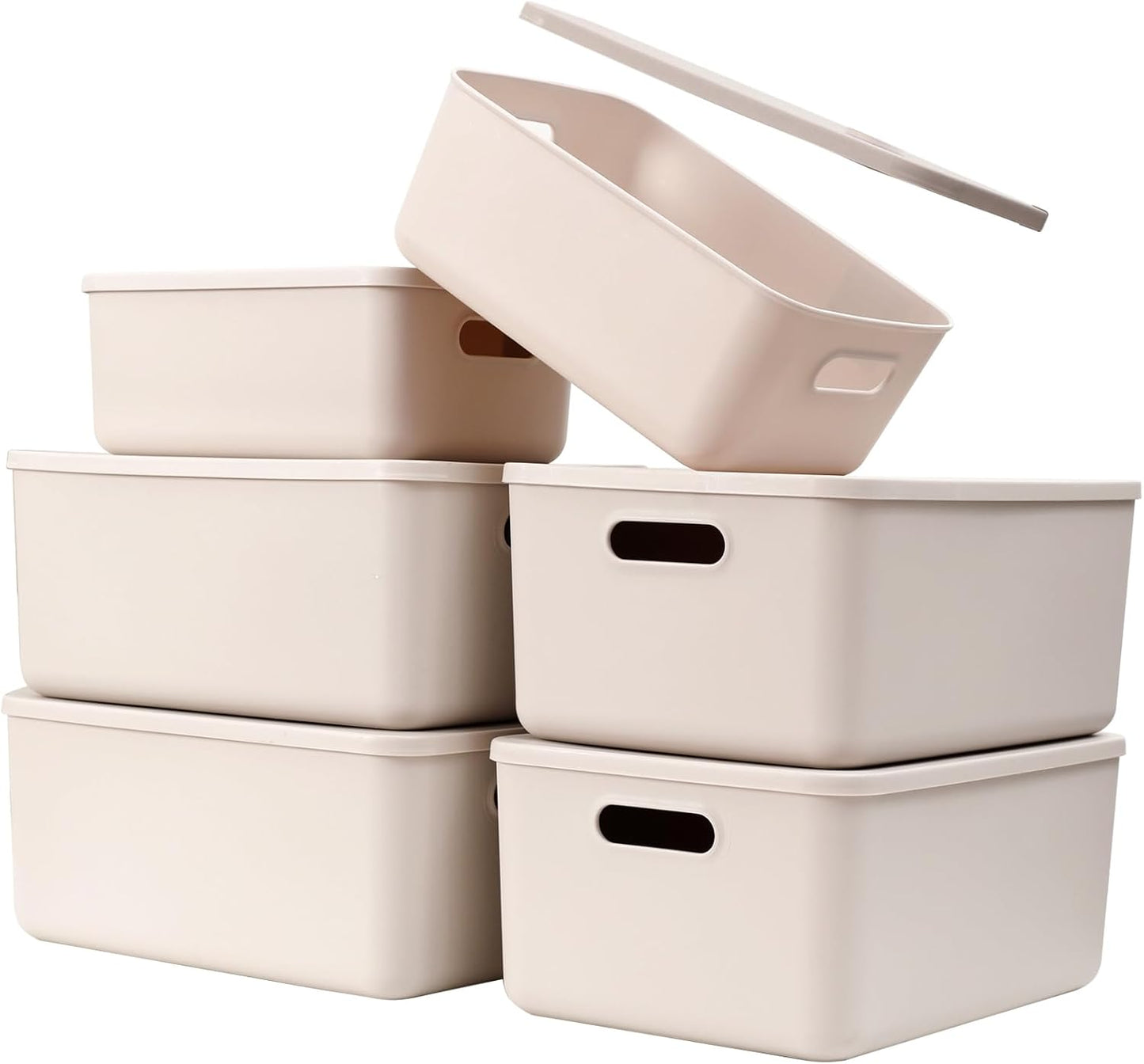 Yishyfier Plastic Storage Baskets - Lidded Organizing Containers for Shelves & Drawers | Light Grey (4M + 2S)