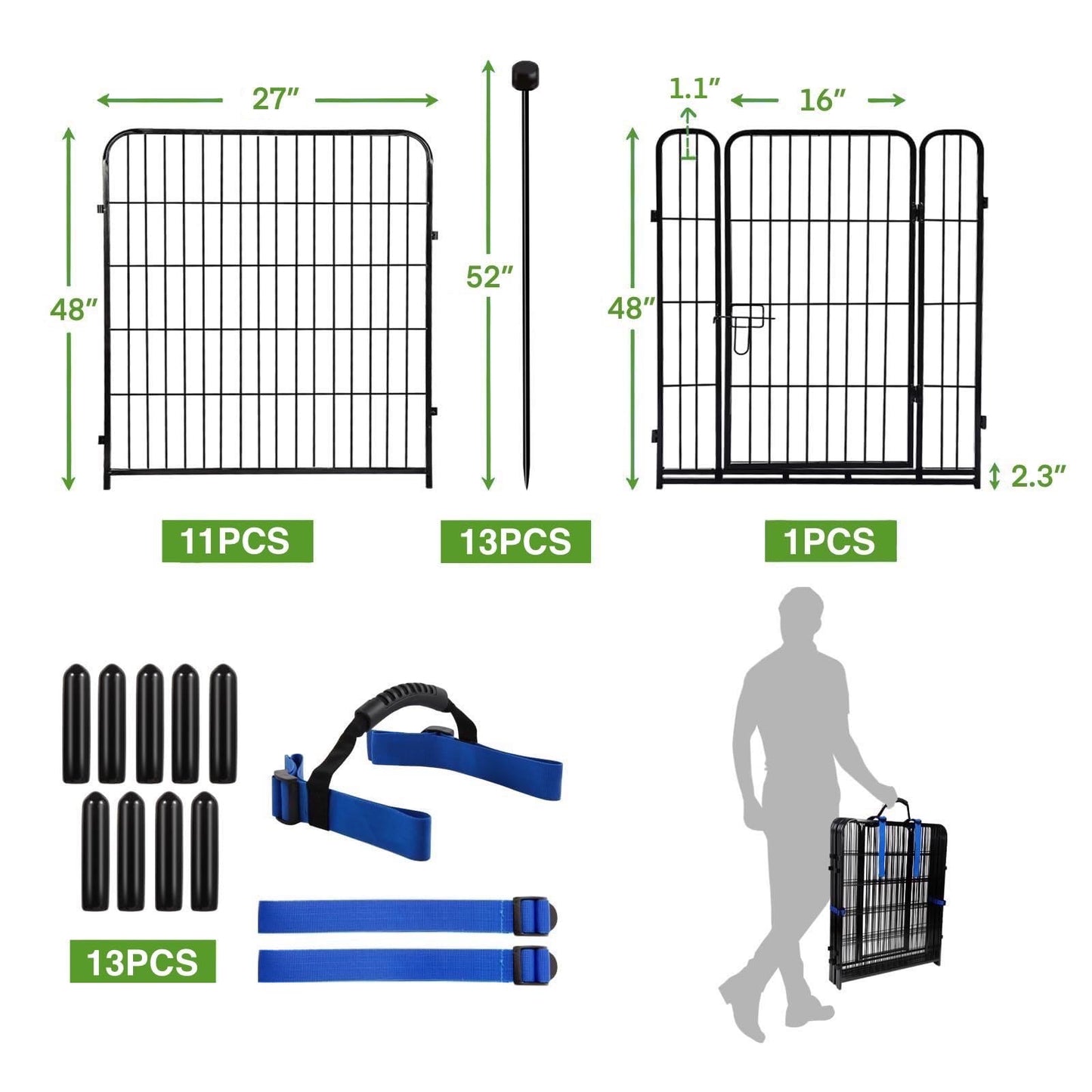 ADAVIN Tall Garden Fence Border with gate, 48 in(H) 12 Panels Total 26.6 Ft(L), Wide Door Low Threshold Fences, Black Iron Metal Heavy Duty Dog Fence Outdoor for Yard or Camping, Flower Bed Fencing