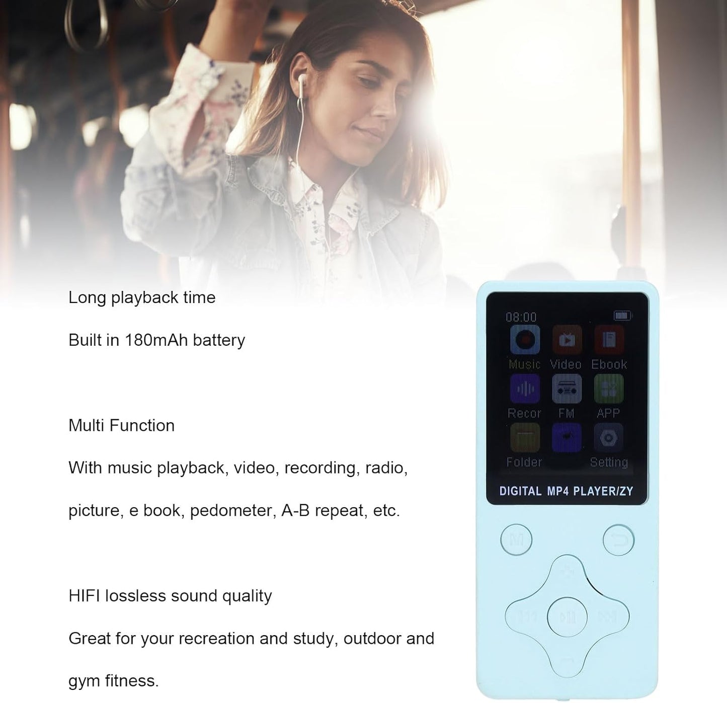 Zopsc 64GB MP3 MP3 64GB 1.8 Inch Player, HiFi Lossless Sound Portable Player with Memory, LCD Screen Bluetooth Music