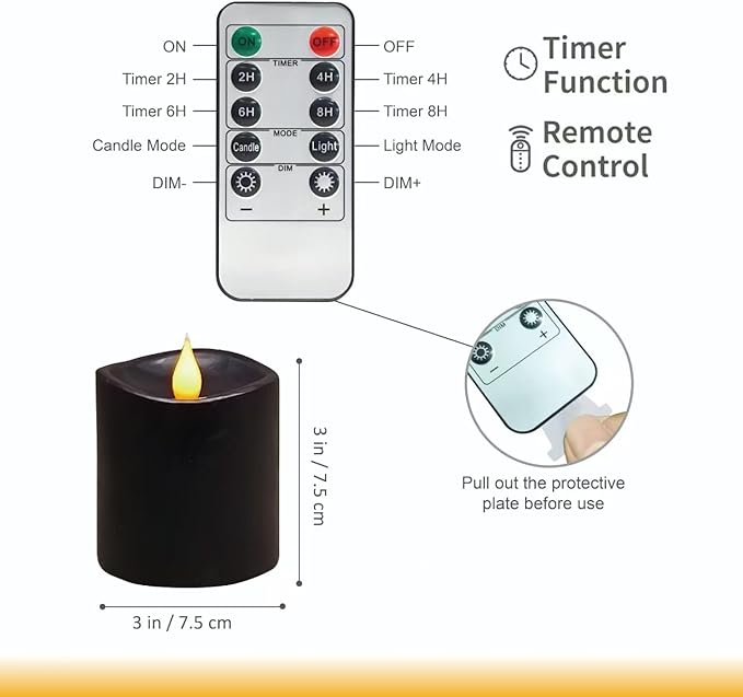 Black Flameless LED Candles 3 inch Diameter Real Wax 2AA Battery Operated 600hr+ Flickering Candles with Timer Remote Control for Halloween Thanksgiving Christmas Indoor (Black, 3″×3″- 2 PCS)