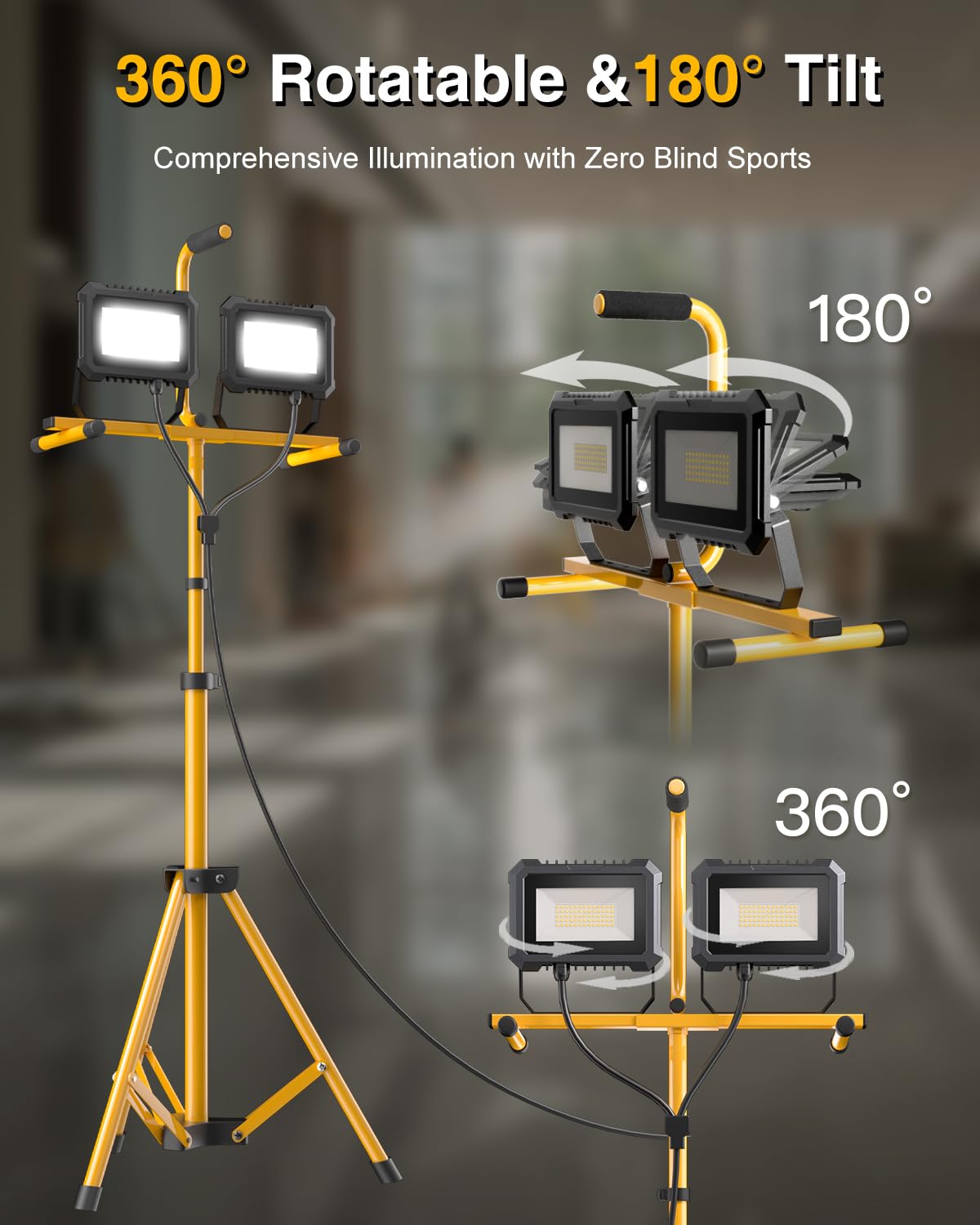 23000 Lumen LED Work Light with Stand, 200W 2 Adjustable Head Work Light, with Adjustable and Foldable Tripod Stand, Waterproof Lamp with Switch for Construction Job Site Workshop Garage, 2 Pack