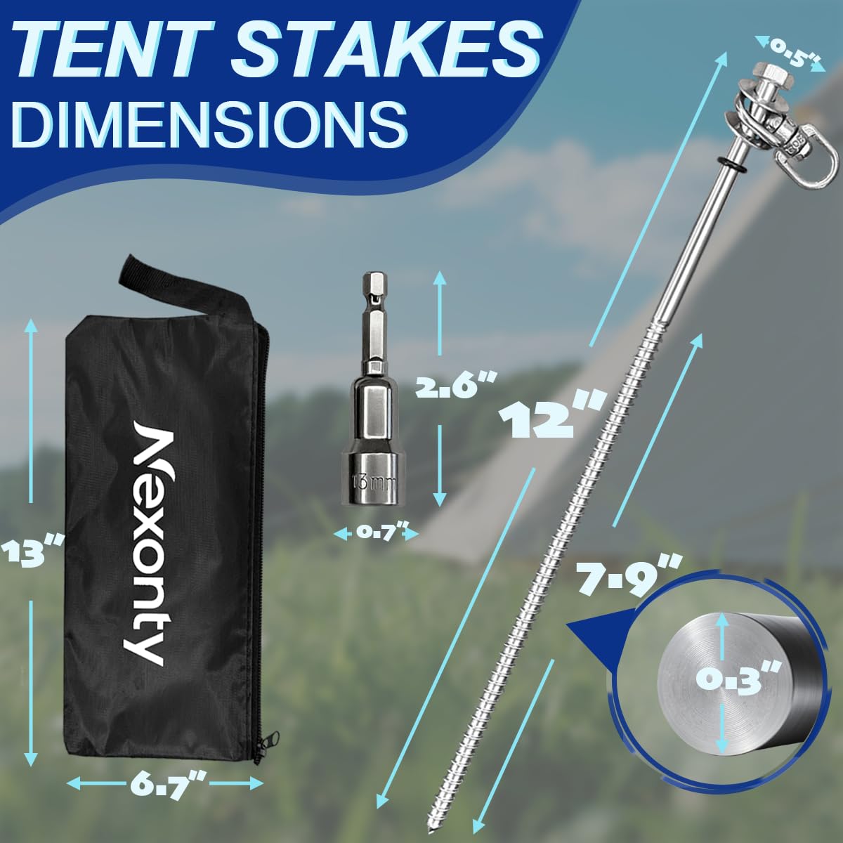 Nexonty 12 Inch Steel Screw in Tent Stakes,8 Pack Tent Stakes Heavy Duty,Ground Anchors Screw in,Trampoline Anchor Kit,Swing Set Anchors,Metal Threaded Camping Stakes with Hex Head Driver&Storage Bag