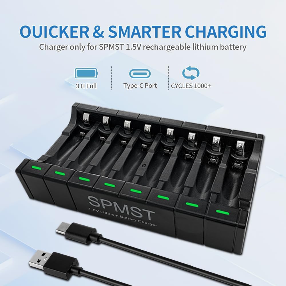 SPMST 5V 2A 8-Slot 1.5V AA/AAA Battery Charger: A Type-C Fast Charger with LED Indicators for Lithium AA/AAA Batteries