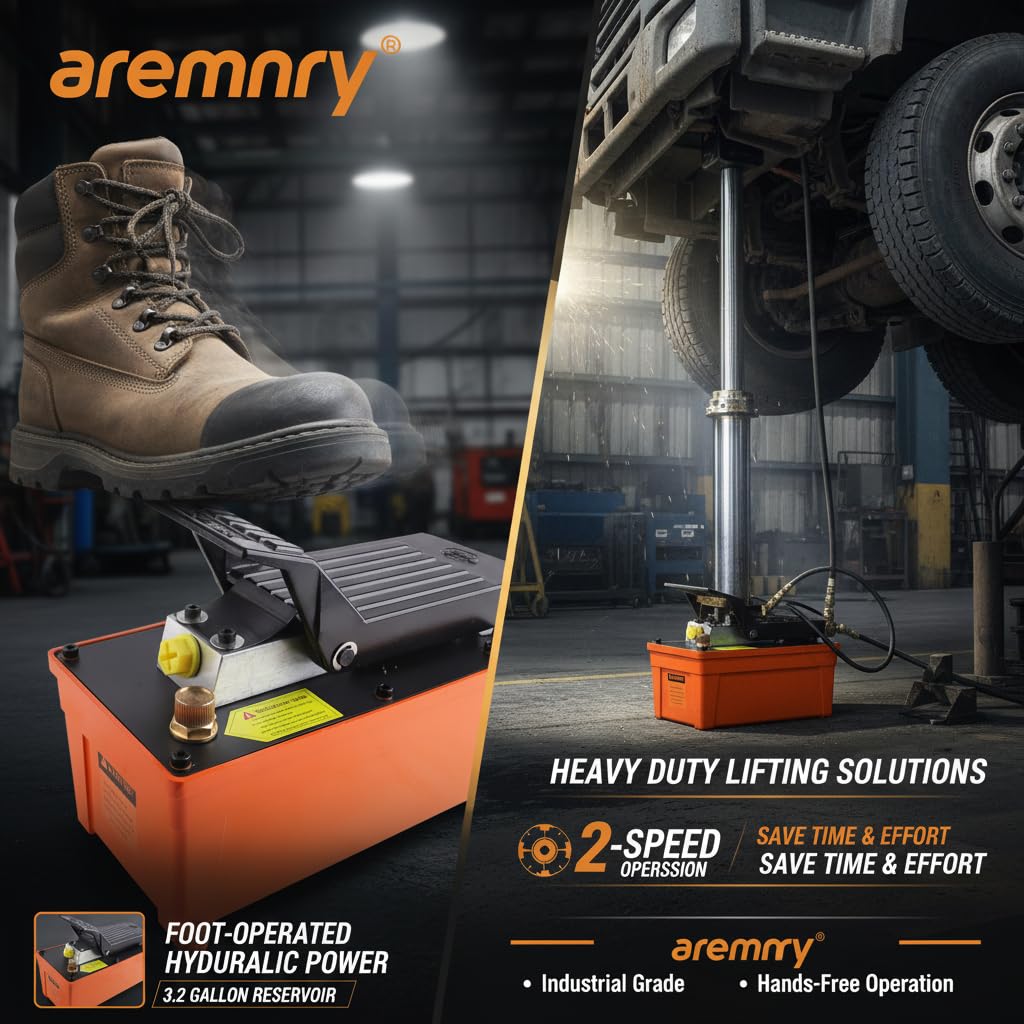 Aremnry 10,000 PSI Foot Operated Air/Hydraulic Pump, 98 in³ Oil Tank/1.6 L Heavy Duty Pneumatic Hydraulic Foot Pump with 1/4 NPT Air Inlet & 3/8 NPT Oil Outlet, for Presses, & Hydraulic Pullers