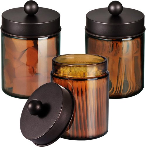 Amber Glass Qtip Holder - Apothecary Jar Set with Brown Metal Lid | Bathroom Organizer for Cotton Swabs (3 Pack, Bronze)
