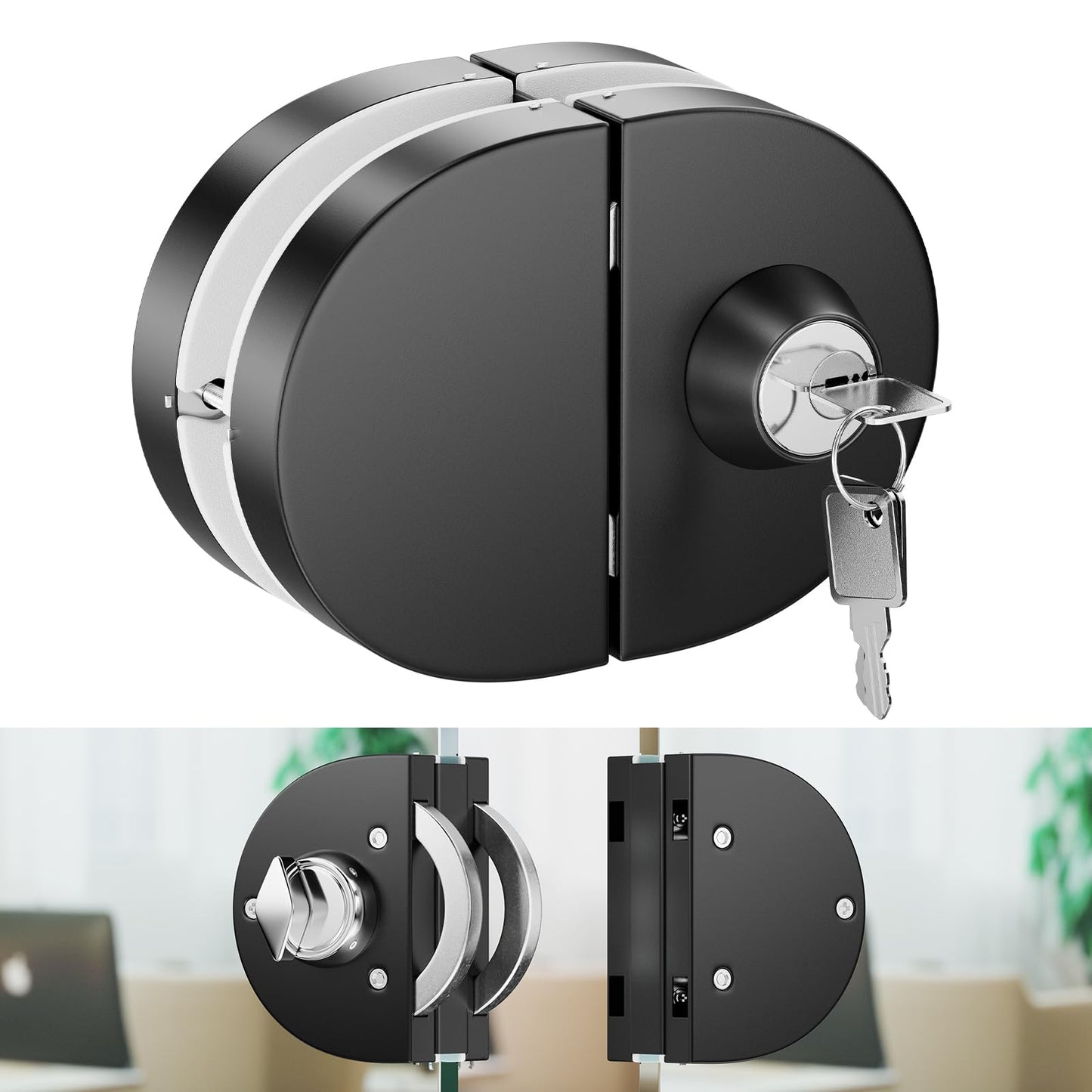 Ranbo Frameless Double-Sided Glass Door Lock,Clamp-On No-Drill,304 Stainless Steel,for 3/8"–1/2"(10–12mm) Sliding Door—for Office,Storefront,3 Keys,Matte Black—Double Swing Door Floor Lock Required