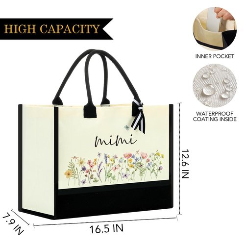 CYZCYZ Mimi Gifts Gifts for Mimi Grandma Practical Gift for Grandma Canvas Tote Bag Ideas First Time for Women Birthday Christmas Flower Reusable Beach Bag Shopping Bags