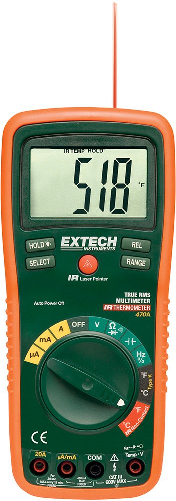 Extech EX470A 12-Function True RMS Professional Multimeter with Infrared Thermometer - AC/DC Voltage, Current, Resistance, Capacitance, Frequency, Diode, Continuity, Temp, Duty Cycle, Auto-Ranging