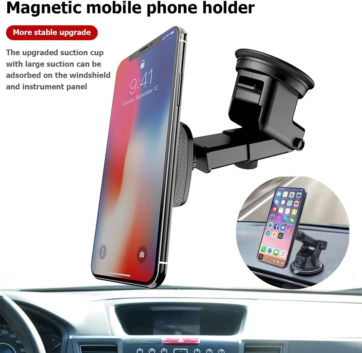 CarsMinders 360 Magnetic Phone Mount for Car Industrial Suction Cup Dashboard & Windshield Holder with Telescopic Arm