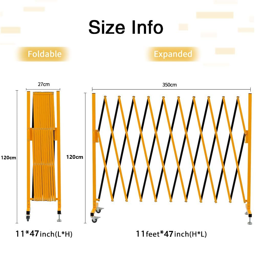 GYMTIME Industrial Expandable Metal Barricade, 11 FT, 47 inch high, Yellow and Black, Upgraded, Portable Safety Barrier with Casters, Flexible Fence Mobile Barrier Gate, Adjustable Traffic Fence