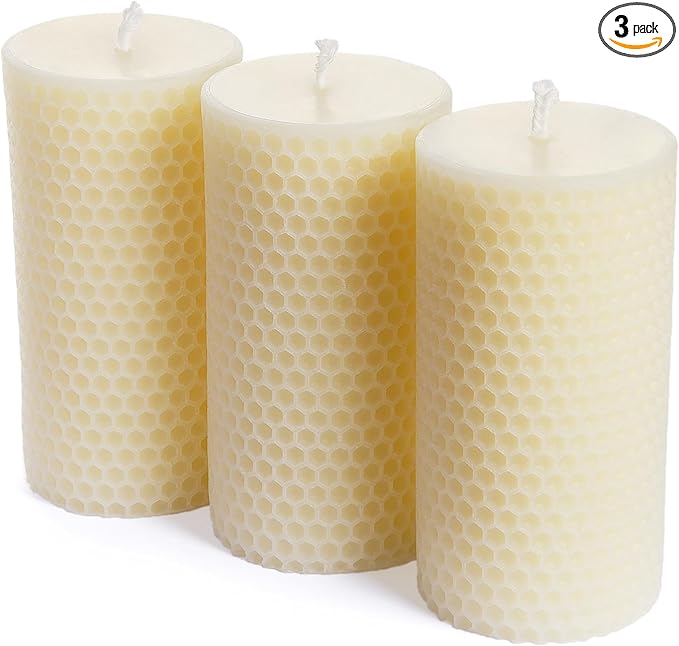 Pure Natural Beeswax Pillar Candles - Pack of 3 - Honeycomb Surface, No Scent- for Emergency/Prayer/Relax (2inch Diameter, 4 inch Tall - Off White)