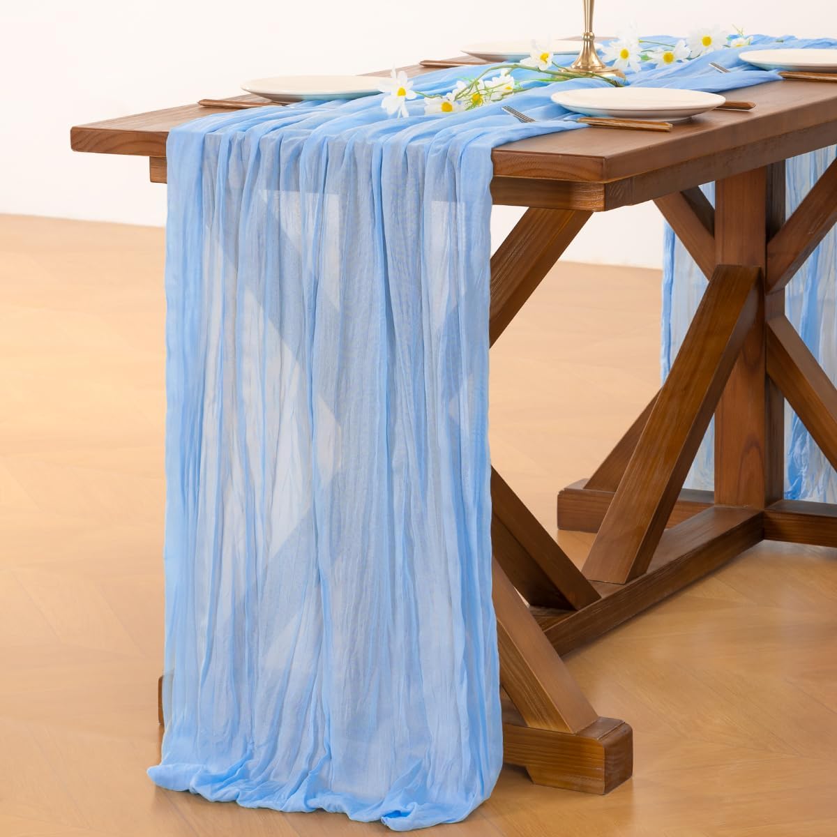 Socomi Cheesecloth Table Runner - 120 Inch Blue Boho Rustic Design for Weddings & Parties