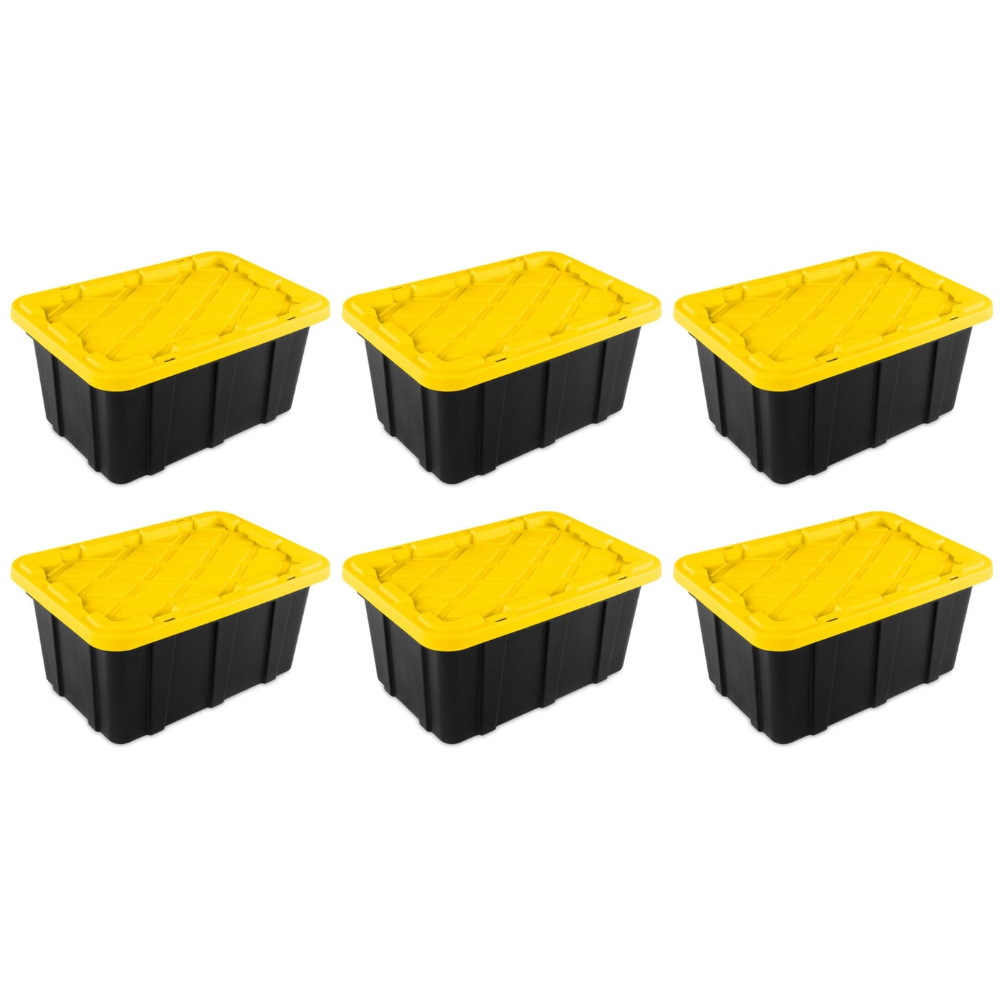 Sterilite 17 Gal Industrial Tote, Stackable Storage Bin with Snap-Fit Lid for Garage, Basement & Attic Storage, Black Base and Yellow Lily Lid, 6-Pack